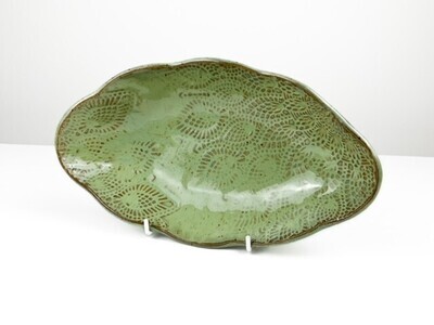 Large Green Scalloped Oval Pottery Dish