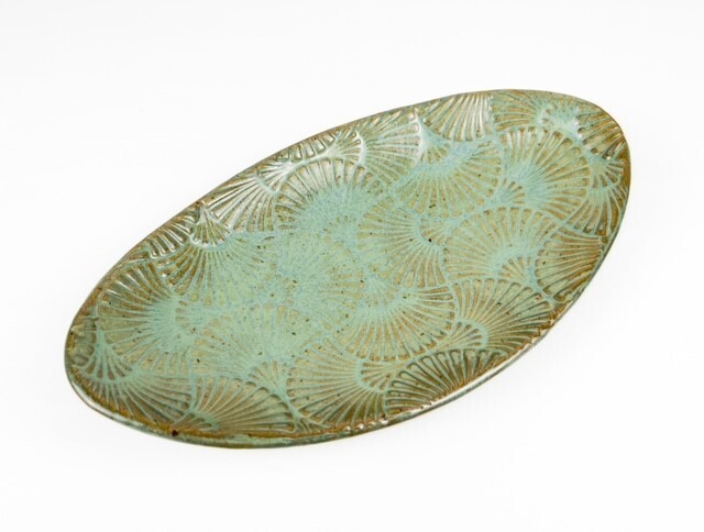 Medium Green Oval Textured Pottery Dish