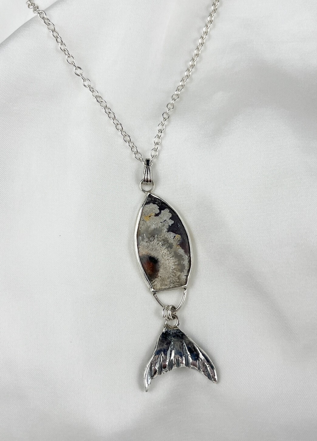 Fish Crazy Lace Agate/ Cast Tail Pendant Sterling SIlver