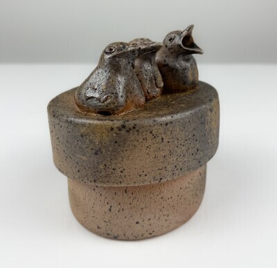 3 Baby Birds Wood Fired Covered Pottery Jar 4x4