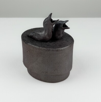 2 Baby Birds Wood Fired Covered Pottery Jar 4x4