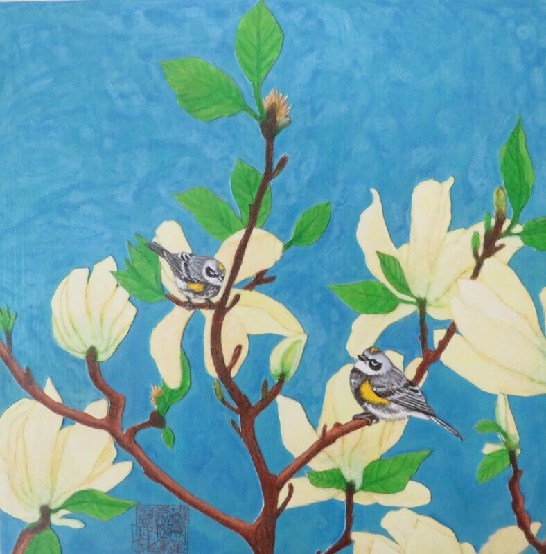 "Yellow-rumped Warbler VI" 10x10" Mixed media art