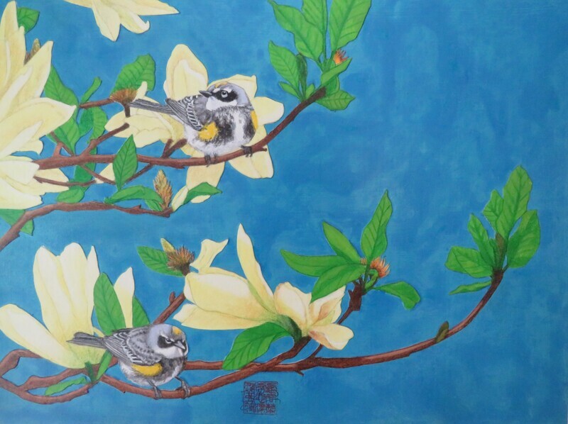 "Yellow-rumped Warbler VIII" Mixed Media Art 16x12