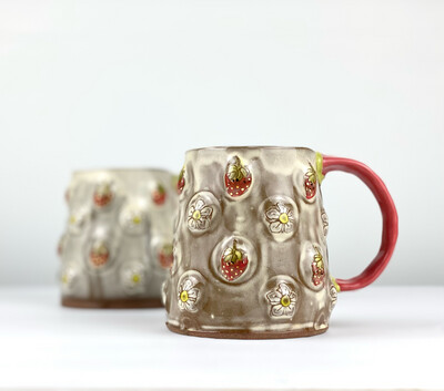 Handbuilt Strawberry Blossom Pottery Mugs Red Clay & Gold