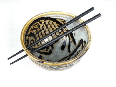 Ramen Pottery Bowls with Chopsticks Mocha Glaze