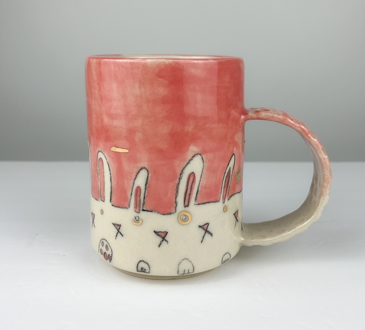Large Pink Bunny Pottery Mugs with Gold