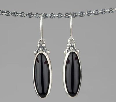 Long Oval Earrings with Black Onyx Sterling Silver