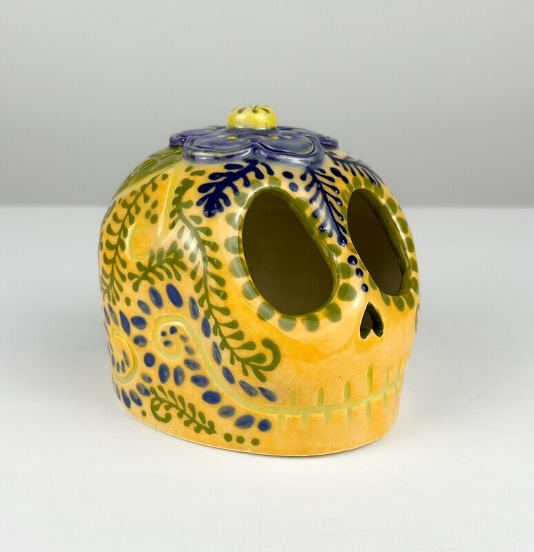Sugar Skulls "Calaverita's" Small Size Pottery Name Holder Included by Elsa Valinas Available at Handworks Gallery, Saint John New Brunswick