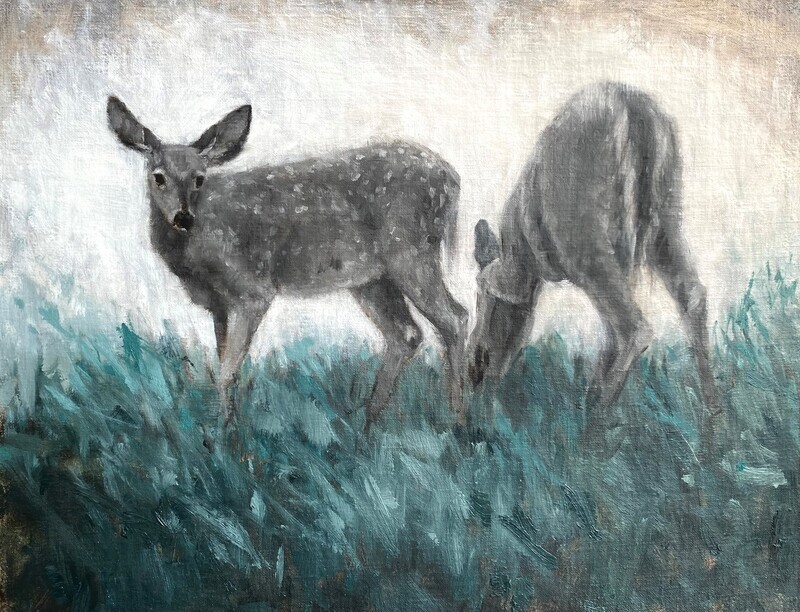 Theresa MacKnight Saint John New Brunswick Canada Handworks Canadian Painting, Oil, &quot;Viridian Baby&quot; Deer