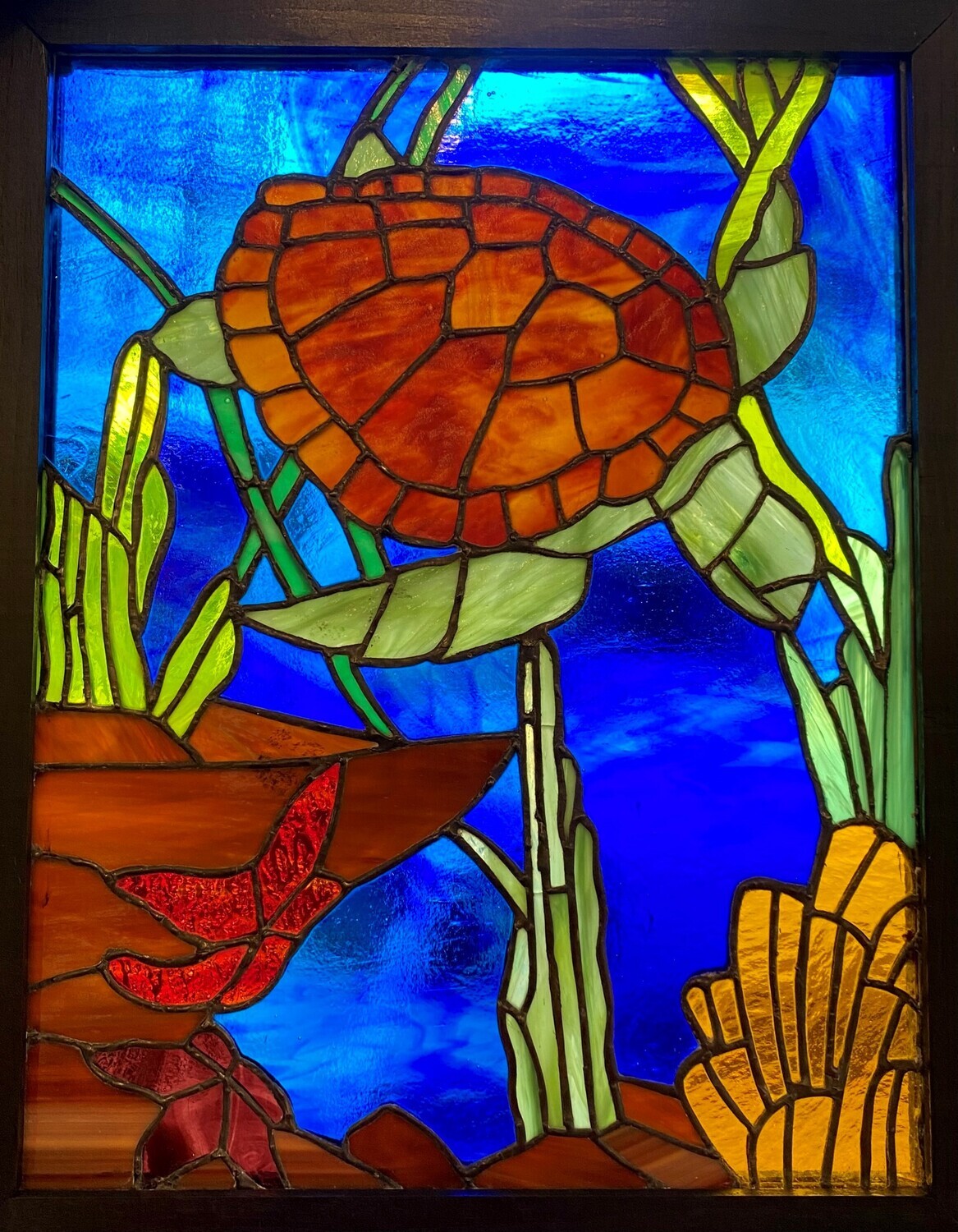 "Turtle 2" Framed Stained Glass Hanging 16.5x13.5"