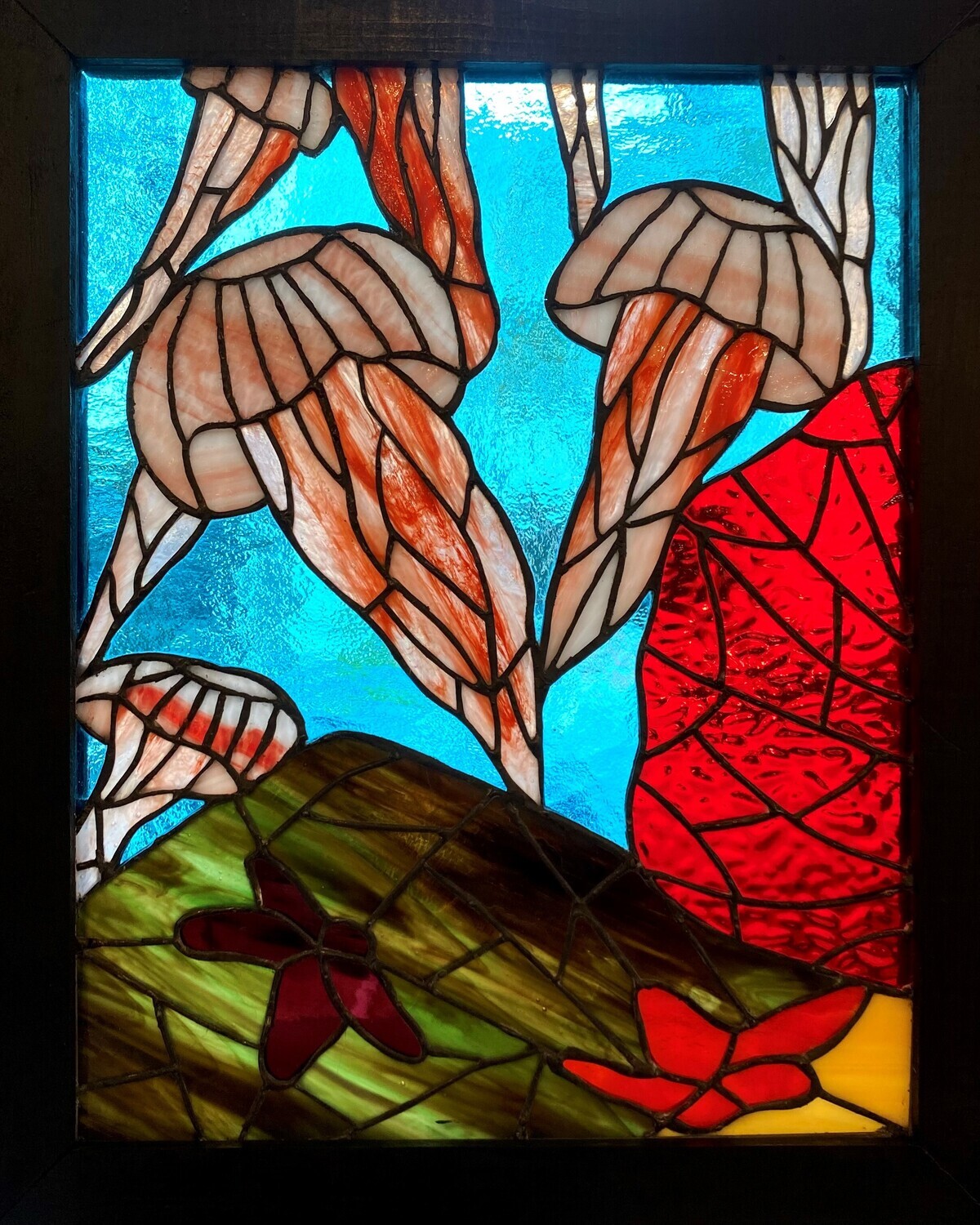Denis Eve Canadian Stained Glass Artist Saint John New Brunswick Canada Handworks Gallery Framed Jellyfish Coral Starfish