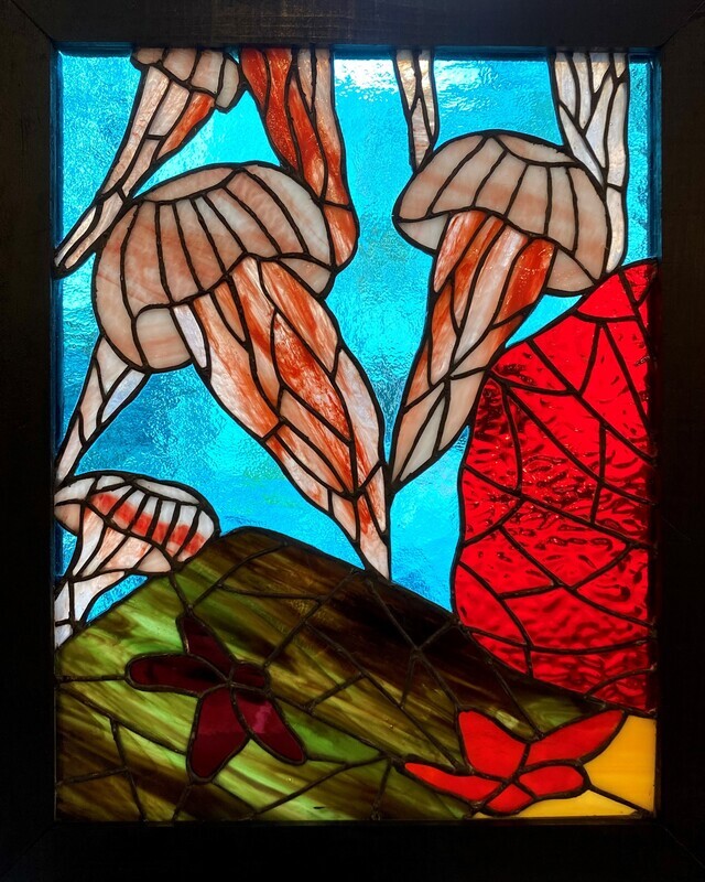 Denis Eve Canadian Stained Glass Artist Saint John New Brunswick Canada Handworks Gallery Framed Jellyfish Coral Starfish