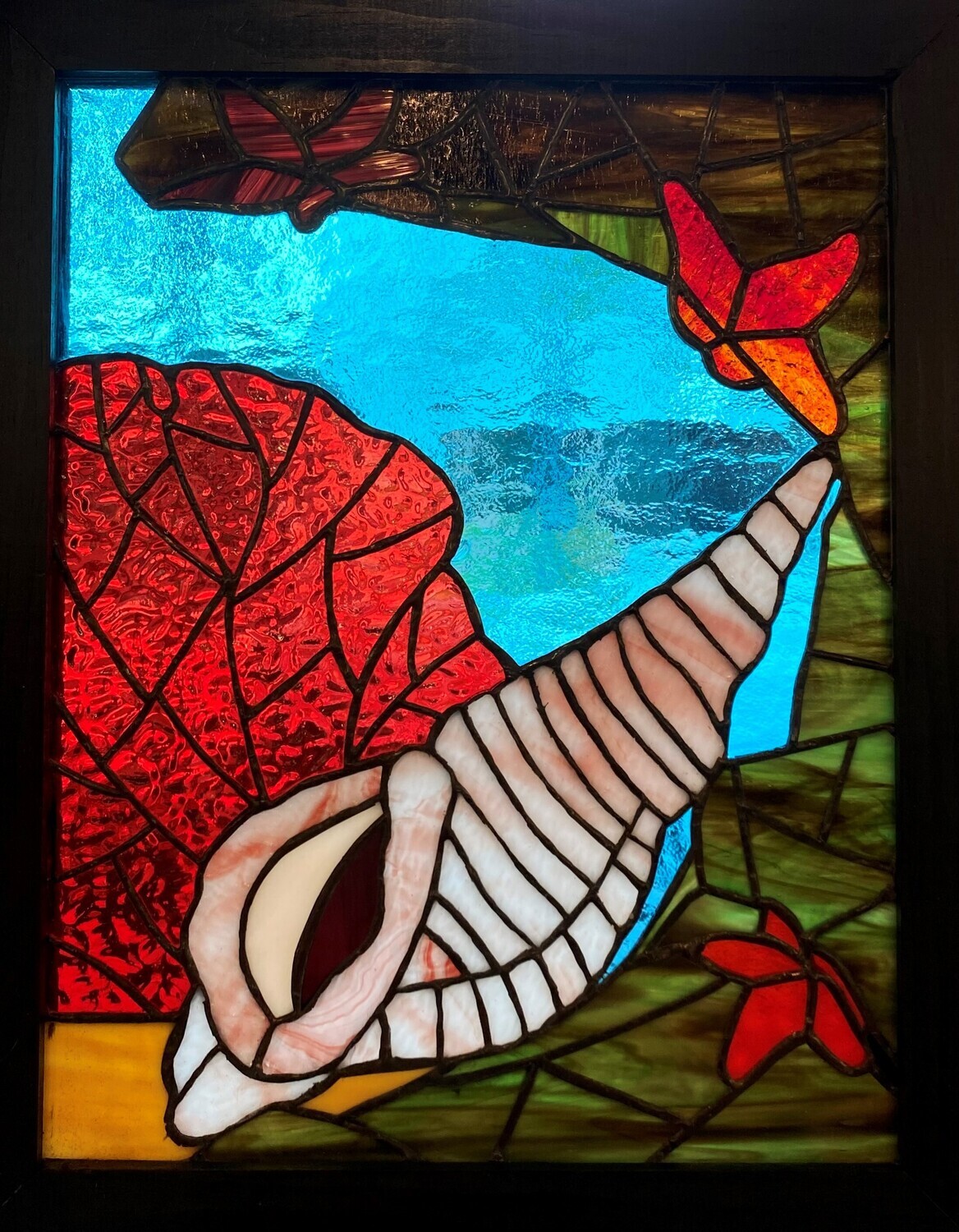 "Seashell" Framed Stained Glass Hanging 16.5x13.5"