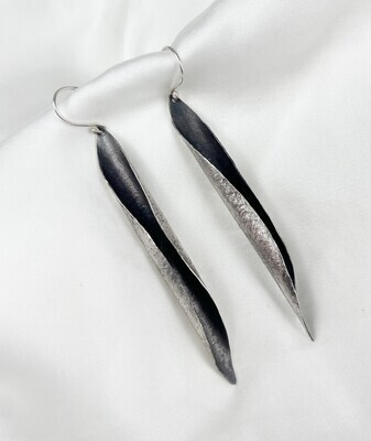 Long Thin Folded Leaf Earrings Sterling Silver