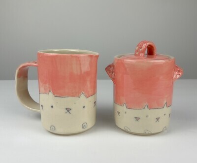 Set of 2: Milk and Sugar Pink Kitty Pottery Set