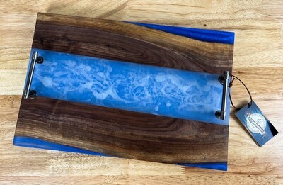 Walnut Serving Board with Handles/ Two Tone Blue Epoxy