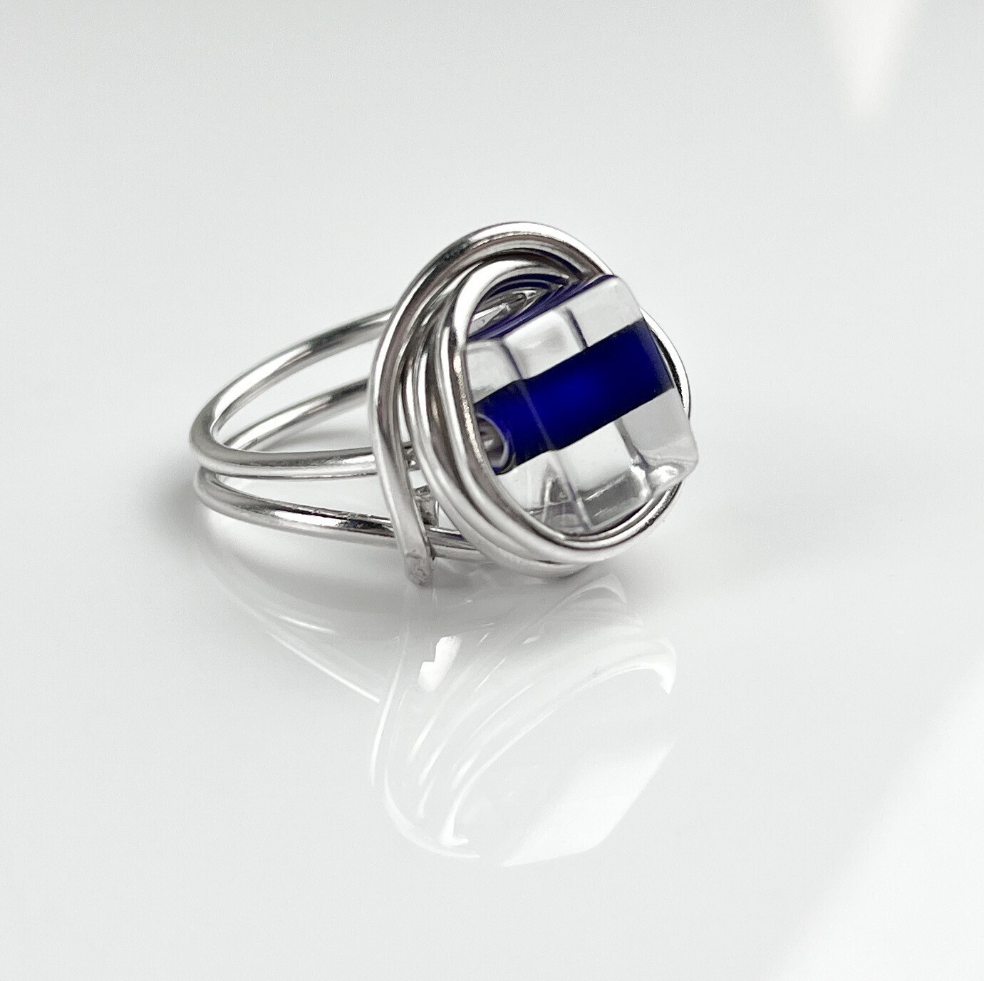 Entwined Glass Bead Ring Sterling Silver 6.5, Color: Blue