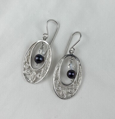 Lace Filigree Black Pearl Earrings with Swarovski Crystals