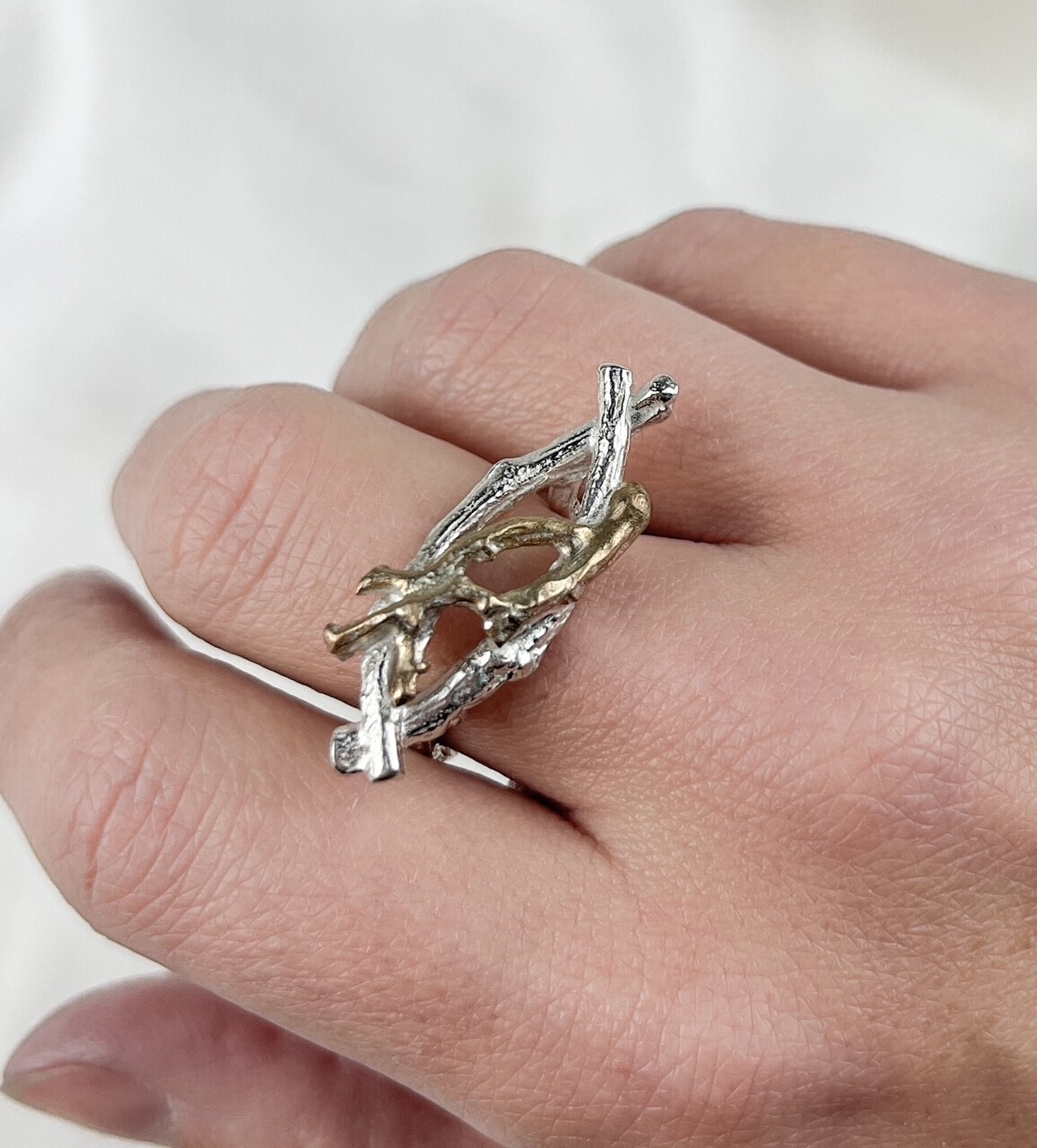 Sticks and Stones Sterling Silver Ring, Option: Sticks & Stones with Bronze Twig