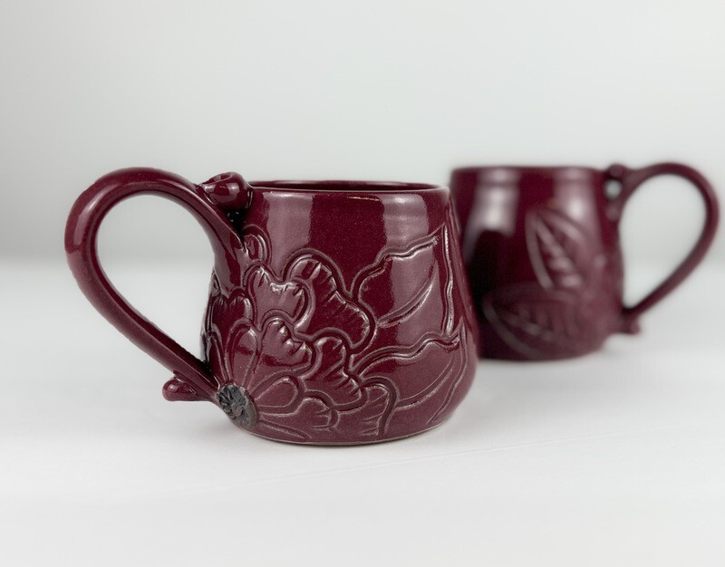 Flower Mugs in Cherry Glaze by Elsa Valinas Available at Handworks Gallery, Saint John New Brunswick