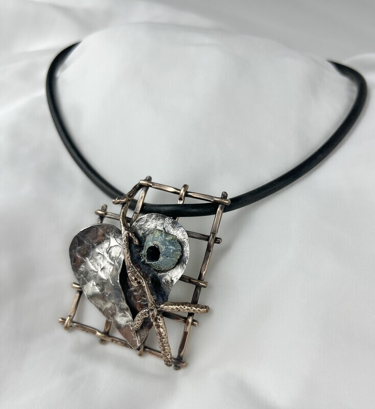 Heart + Cakin Grid Pendant Sterling Silver, Bronze &amp; Neoprene