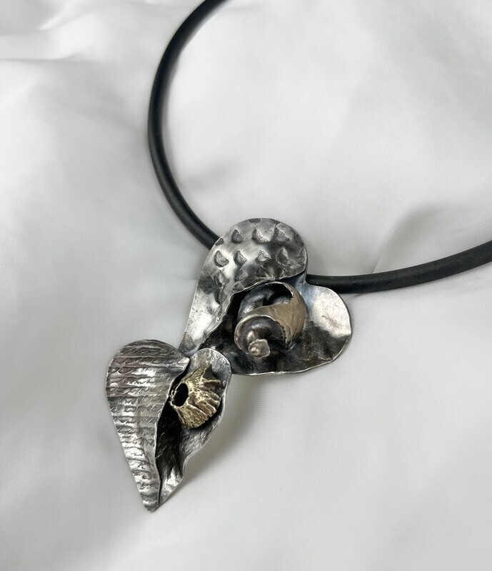Two Hearts Pendant Sterling Silver, Yellow Brass &amp; Neoprene