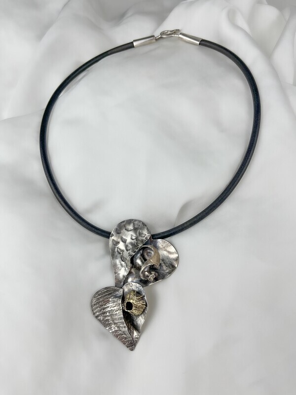Two Hearts Pendant Sterling Silver, Yellow Brass & Neoprene
