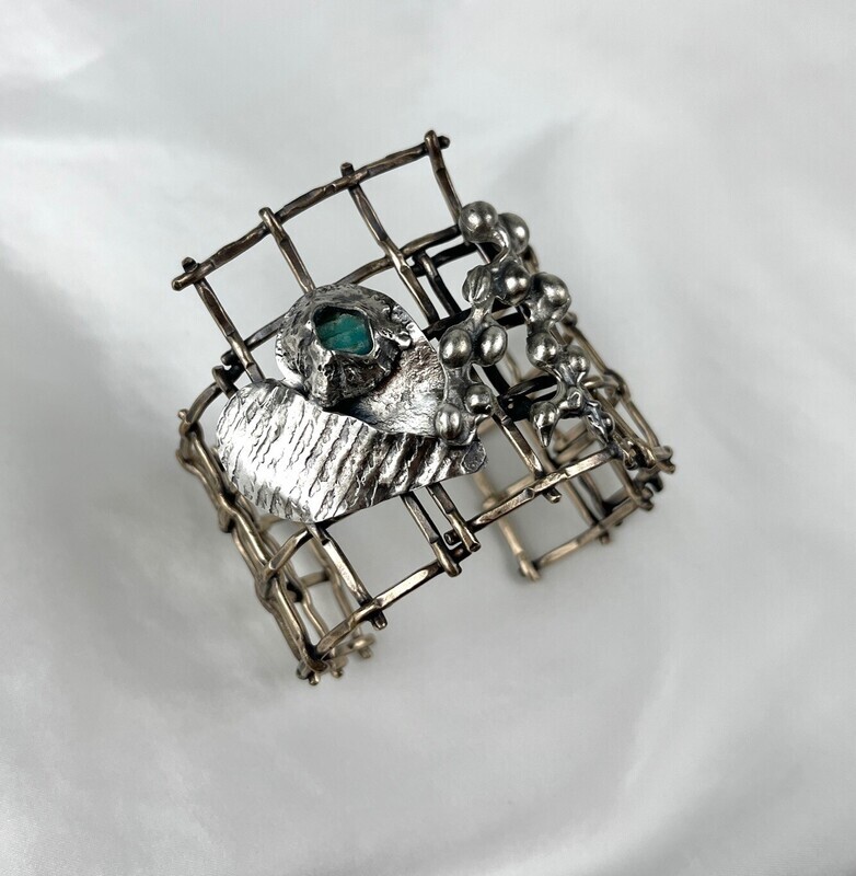 Heart + Seaweed Grid Cuff Sterling Silver, Bronze & Enamel
