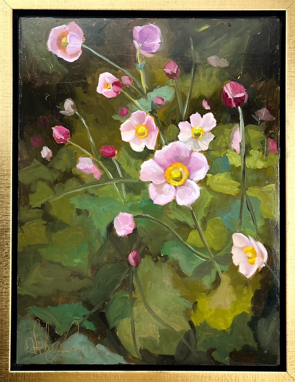 "Japanese Anemone" 16x12" Oil on Panel Framed 18.5x14"