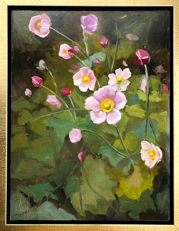"Japanese Anemone" 16x12" Oil on Panel Framed 18.5x14"
