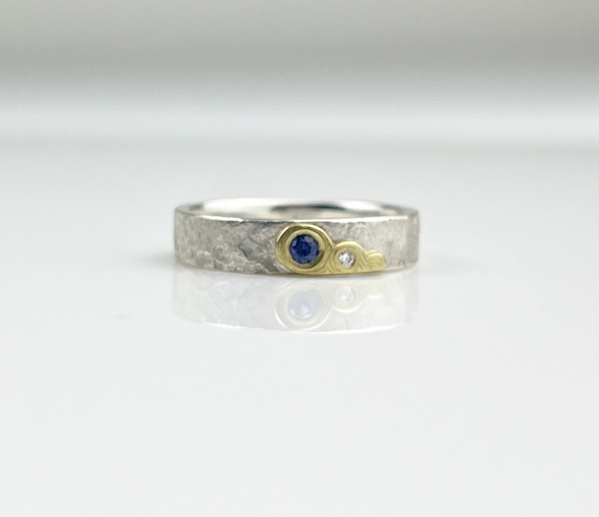 Grandfather Ring - Thin Band 2mm Blue Sapphire, 1.25RC Diamond SS/14K Gold