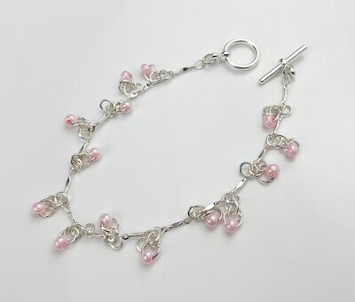 Pink Pearlized Crystal Sterling Silver Bracelet