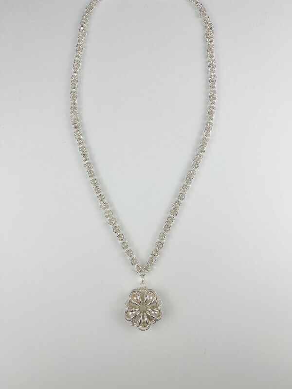 Pearlized Flower Pendant with Heavy Handmade SS Chain 26"