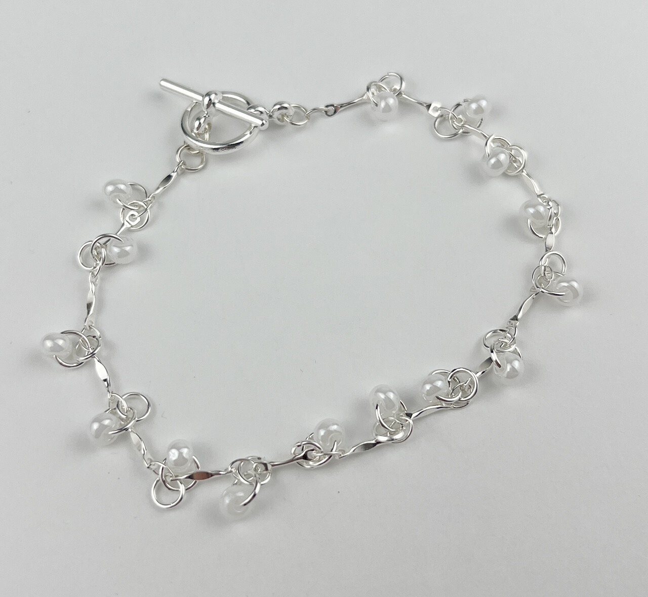 White Crystal Beaded Sterling Bracelet 8" Handmade Chain