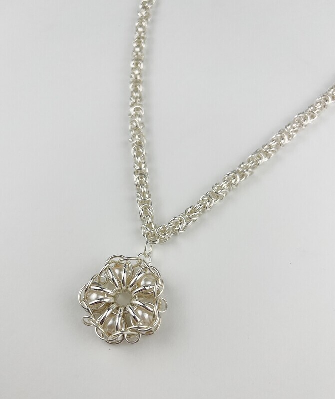 Pearlized Flower Pendant with Heavy Handmade SS Chain 26"