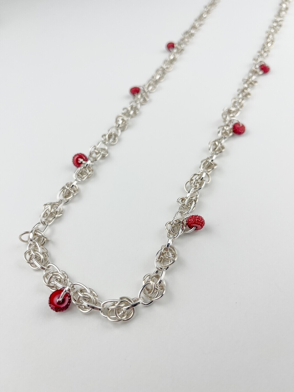 Pendant with Red Glass Beads Handmade Chain 32"