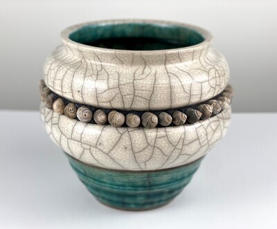 Crackle/Green Vase with Periwinkles + Pyrite Pottery 7.5