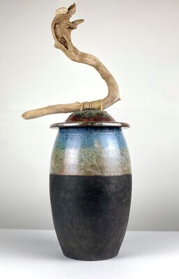 Lidded Pottery Vessel with Driftwood Handle 11x19.5