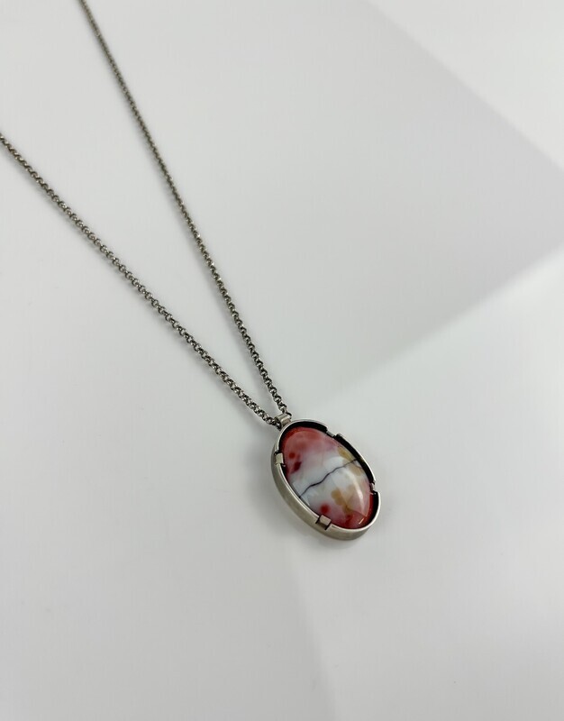 "Bird on a Wire" Dendritic Agate Pendant 18" Oxidized SS