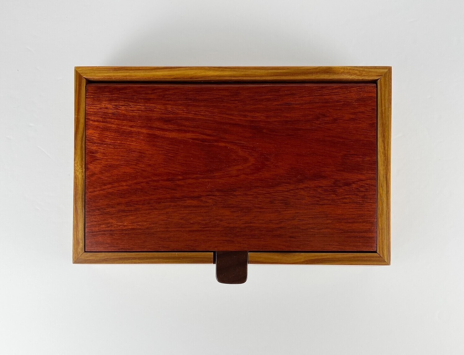 Wooden Keepsake Box Canary Wood, Bloodwood Top, Santos, W/Rosewood Dividers 10.25x6.75x2.5"
