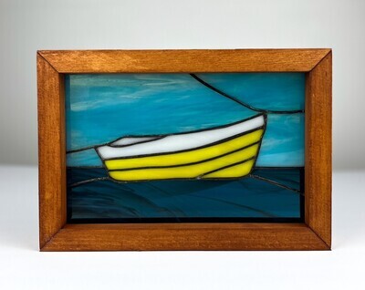 Yellow Rowboat Stained Glass Framed 9.75x6.75