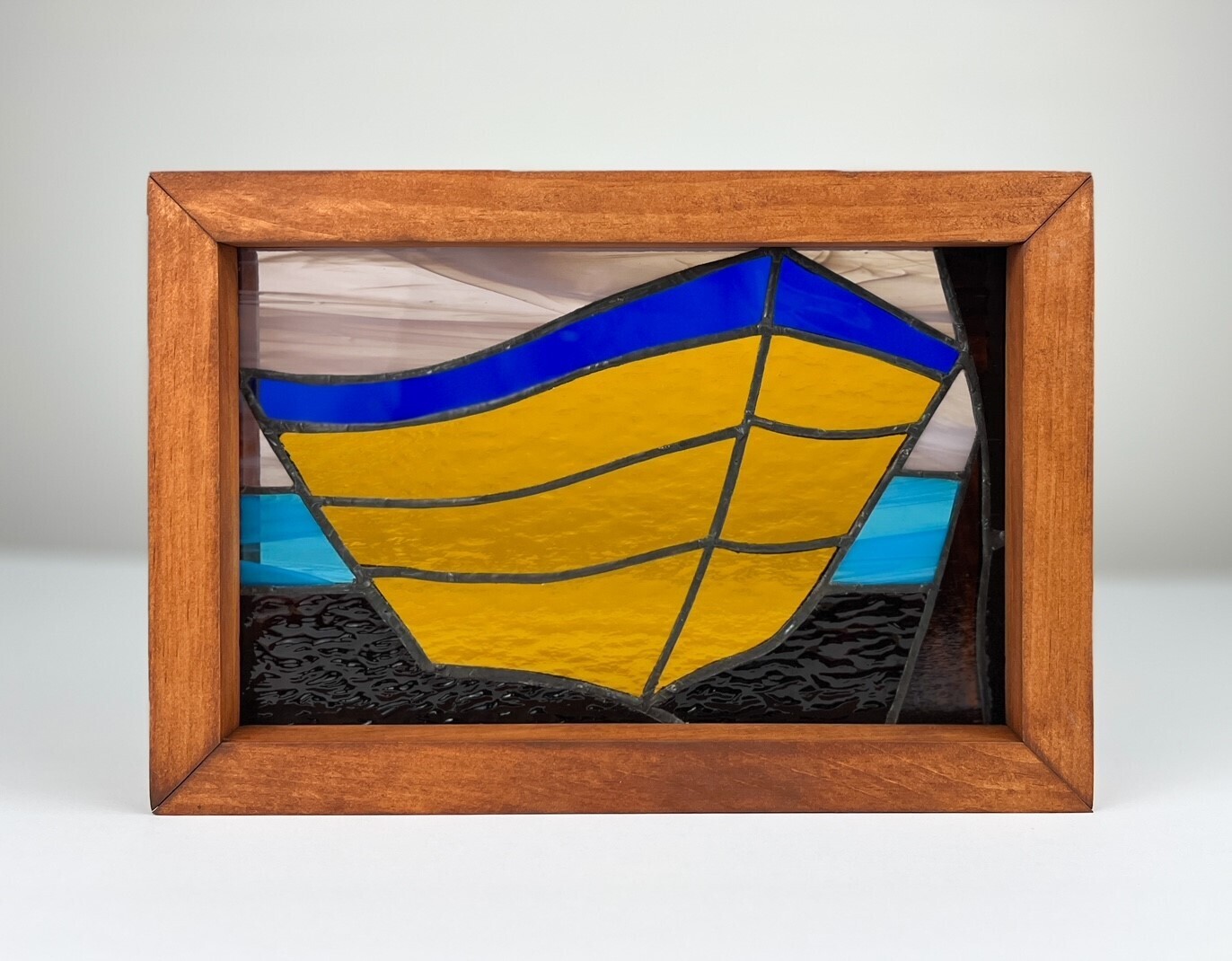 Yellow & Blue Boat Stained Glass Framed 9.75x6.75