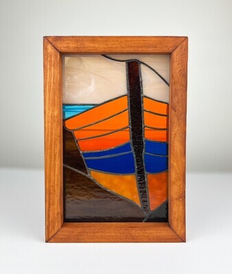 Orange & Blue Rowboat Stained Glass Framed 9.75x6.75