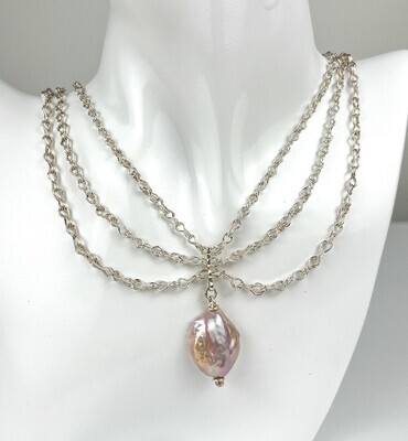 Baroque Pink Pearl Drop and 3 Chain Pinched Loop Necklace