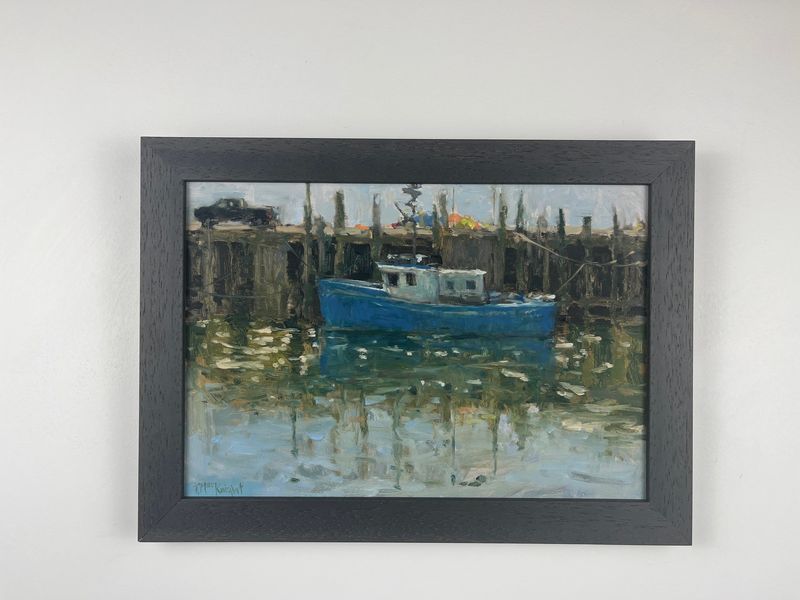 Theresa MacKnight Saint John New Brunswick Canada Handworks Canadian Painting, Oil, &quot;Advocate Blue&quot; ​Boat at Wharf Framed