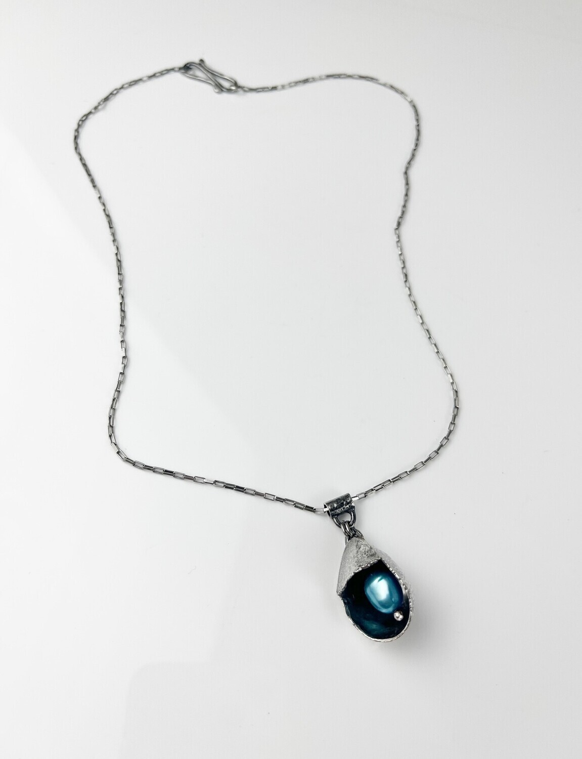 Silver Cup Pendant with Turquoise Pearl 18&quot; Square Chain S Hook