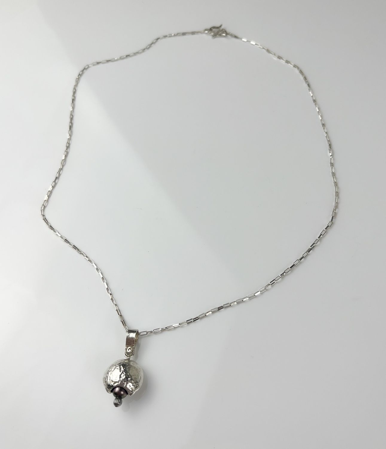 Irradiated Pearl in Hammered Open Bottom Pod Pendant on Square Chain