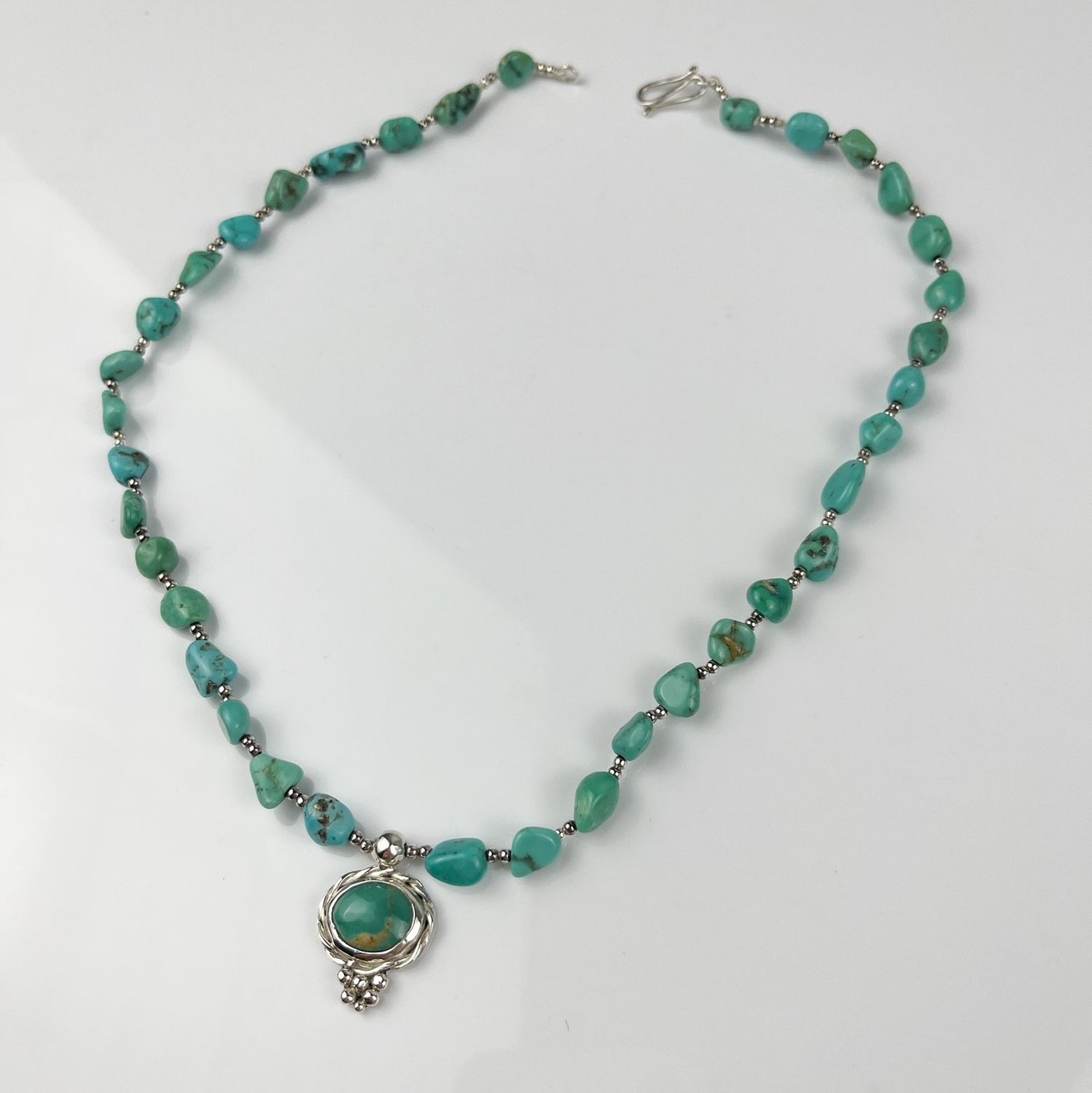 Turquoise chip and Silver Bead Necklace with Oval Pendant