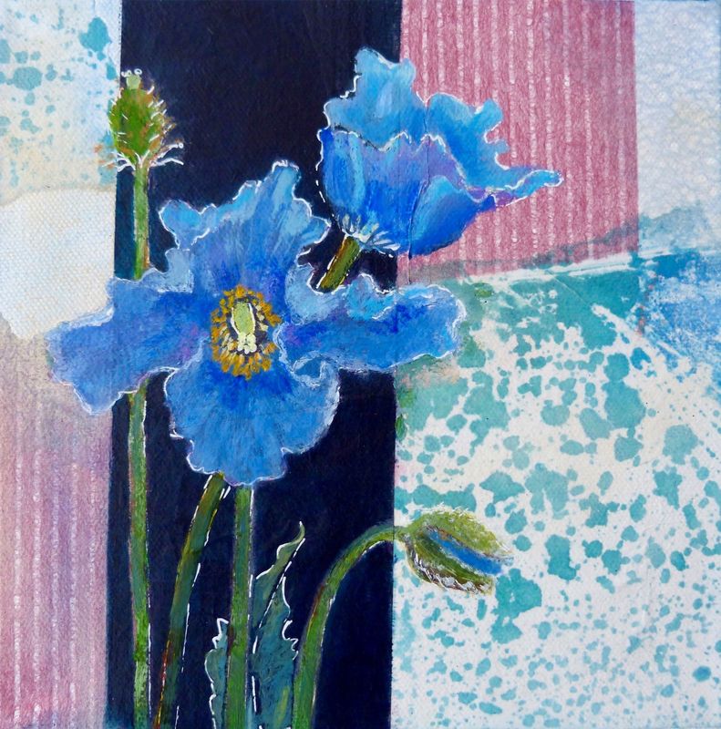 &quot;Bluems (Blue Poppies)&quot; Mixed Media 8x8&quot;