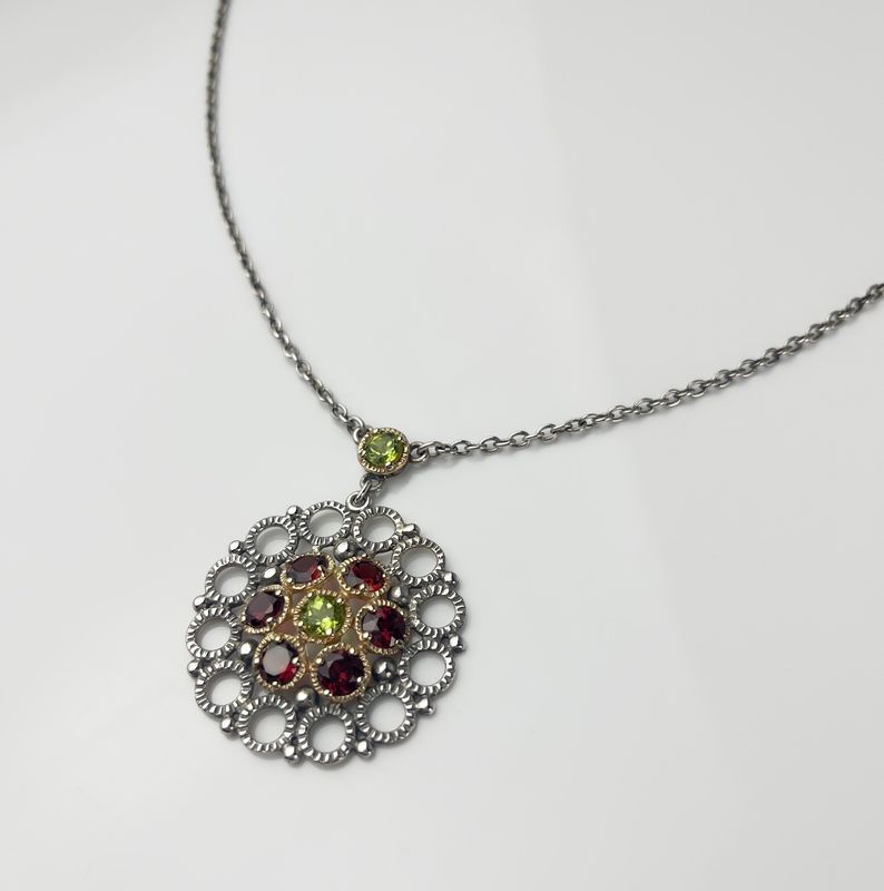 Medieval Necklace Garnet, Peridot smm SS/14K Gold